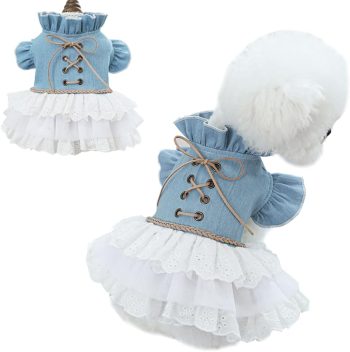 Girl Dog Denim Dress with Flared Sleeves Dog Jeans Jacket Blue White Puppy Clothes for Small Dogs Cat Apparel Cake Skirt Pet Outfit (Blue, Large)