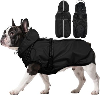 Dog Raincoat for Medium Dogs, Dog Rain Jacket with Adjustable Built-in Harness & Back Zipper, Reflective Strip, Removable Hood, for Rainy Walks, Muddy Roads or After-Bath Outings - Black M