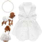 Dog Dresses, Dog Birthday Dress, Puppy Soft Skirt with Pearl Necklace, Girl Dogs Wedding Dress, Puppy Slik Outfit with Bow Tie, Dogs Princess Dresses for Small Breeds, White L