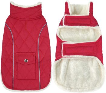 Dog Winter Coat, Windproof Dog Cold Weather Coats with Real Pocket, Winter Extra Warm Pet Coat Fleece Jacket Reflective Clothes for Small Medium Large Dogs and Puppy (Red, Medium)