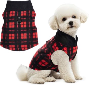1 PC Plaid Dog Sweaters with Leash Ring Soft Fleece Vest Dogs Pullover Warm Jacket Pet Dogs Clothes Winter Dog Outfits for Small Puppy Cat Pets (Black and Red, Large)