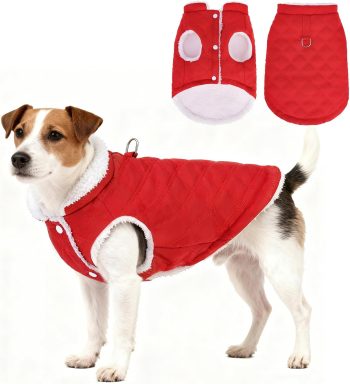 Dog Winter Coat, Warm Fleece Pet Jacket with Harness Built in, Water Resistant Windproof Collar Dog Puffer Vest, Doggy Snowsuits for Small Medium Dogs Cold Weather Apparel Outdoor, Red S