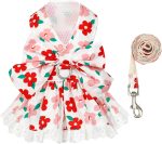 Dog Harness Dress Leash Set for Small Dog Summer Clothes Girl Female Puppy Cats Outfits Cute Floral Bowknot Princess Birthday Dress for Extra Small Pet Doggie Kitten Outfits Apparel(Red,S)