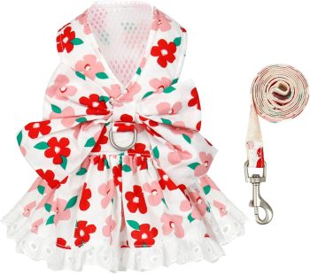 Dog Harness Dress Leash Set for Small Dog Summer Clothes Girl Female Puppy Cats Outfits Cute Floral Bowknot Princess Birthday Dress for Extra Small Pet Doggie Kitten Outfits Apparel(Red,S)