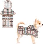 Dog Raincoat Hooded Slicker Poncho with Leash Hole, Raincoat for Small Medium Dogs, Waterproof Doggie Rain Jacket with Reflective Strip, Adjustable Breathable Plaid Puppy Rainwear,Beige S