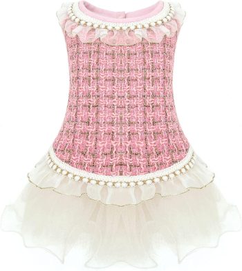 Luxury Pearl Dog Dresses, Lace Tulle Puppy Skirt for Small and Medium Girl Dogs Photography Christmas Halloween(Pink,Small)