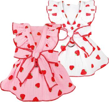Dog Dresses for Small Dogs Girl Female Clothes Cat Clothes Cat Dress Cute Cotton Extra Summer Bow Decor Printed Strawberry Dog Birthday Outfit Small Puppy Clothes