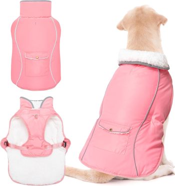 Dog Winter Coat - Warm Dog Clothes for Rain Snow Wind Cold Weather - Reflective Pink Adjustable Waterproof Windproof Pet Vest Jacket with Leash Hole for Small Medium Large Dogs Indoor Outdoor