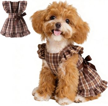 Small Dogs Cats Dresses for Pet Spring Ruffle Sleeve Bow Plaid Dress Cute Puppy Outfits Brown Large