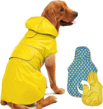 Dog Raincoat Reversible, Single Side Slicker Poncho Adjustable Waterproof Dog Rain Jacket with Leash Hole/Reflective Stripe Hooded Snowproof Windproof Clothes for Small to 3X-Large Dogs, S