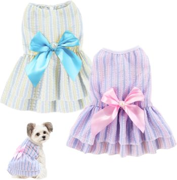 2 Pieces Dog Dress Stripe Bowknot Princess Ruffles Dresses for Small Medium Dogs Cats Summer Holiday Party Costume Outfits Printed Pet Clothing(Medium)