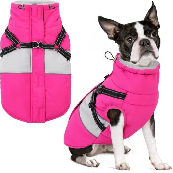 Dog Winter Coat, Waterproof Dog Coat Jacket with Harness for Medium Dogs Boys Girls, Reflective Fleece Lined Pet Snow Jacket Sweaters for Pug, Jack Russel, Boston Terrier, Hot Pink M