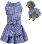 Classic Plaid Dog Dress with Bow Tie for Small Dogs and Cats, Cute Female Pet Dress Clothes for Girls Outfits (Light Blue, Large)