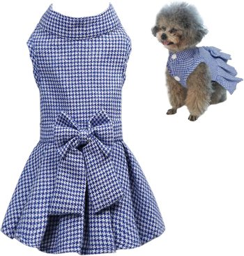 Classic Plaid Dog Dress with Bow Tie for Small Dogs and Cats, Cute Female Pet Dress Clothes for Girls Outfits (Light Blue, Large)