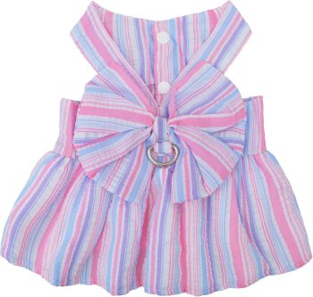 Pet Dog Harness Dress, Cute Striped Pattern with Bow, Princess Puppy Dresses with Button Closure, Summer Dog Clothes for Small Dogs Girl (Purple, Small)