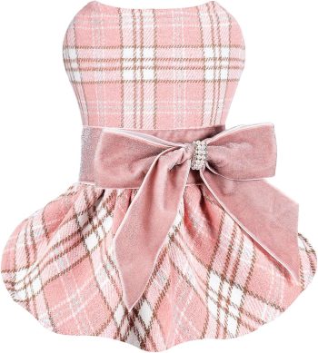 Dog Sweater Dresses for Small Dogs Girl Boy, Winter Spring Pink Dog Princess Plaid Dress, Pet Clothes Holiday Festival Puppy Outfits Apparel Wedding Birthday Dress, XXS, Pink Plaid, 1-3lb